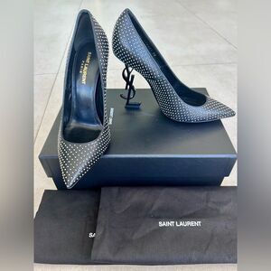 Saint Laurent Opyum 110 YSL Pumps Leather Studded Black High Heels EU 38 US 8